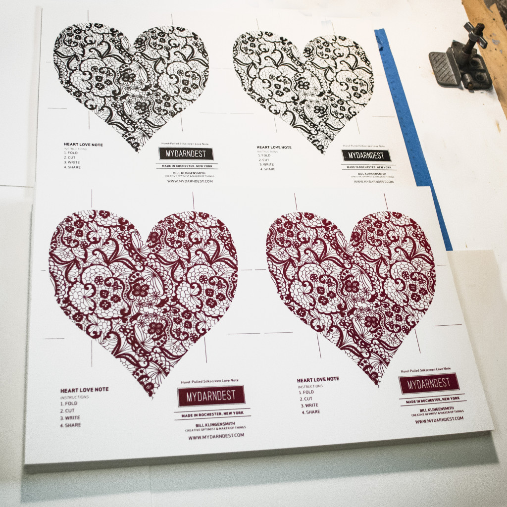 These are crafty Valentine’s Day Love Notes. They are designed to fold up to become their own envelopes when you cut out the hearts. The image is of a lace pattern, making it kind of sexy and intimate. To make them extra special, they have been screen printed in Red and Black. This gives them a nice tactile surface for a special touch. #screenprint #artprint #design #ink #craft #handmade #red #black #valentines #lovenotes #screenprinted #mydarndest #print #envelope #rochester MYDARNDEST Studio – Rochester, New York View more work at: www.mydarndest.com