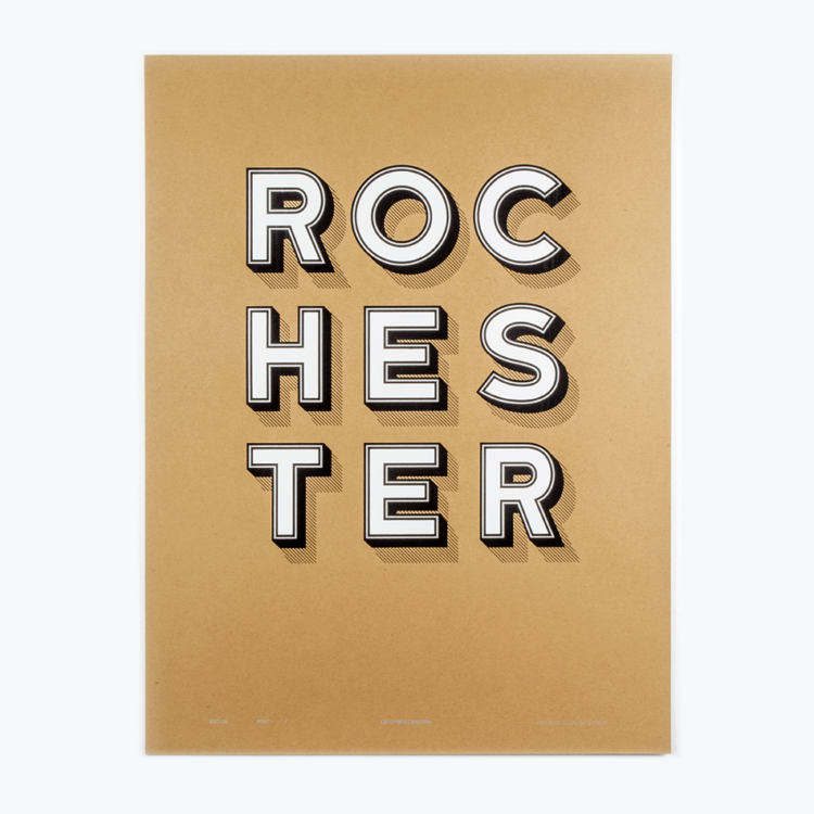 This first version of the ROCHESTER STACKED poster is 19" x 25" on French Paper's Brown Box Kraft, 100 lbs. Kraft-Tone Cover. Printed with Speedball's White, Silver and Black Water Based Acrylic Ink. I am only running 25 of each variable combination. What this does is make your print unique and collectable items. Plus, it keeps it interesting to me for creating new versions to print! The design is something that i have been working on for a while. It started with 3D letters that I cut on my CNC. A lovely piece but something that was not a practical product for my fellow Rochesterians. One thing that makes this design even more of a regional design is the typeface was created by Tyler Finck of Finck Co. in Ithaca, New York. It's name is Katahdin and has its own wonderful story. This poster is a hand-pulled screen print. Giving it that tactile feeling that only this process can produce. They are all number and signed by me, Bill Klingensmith. https://mydarndest.com/