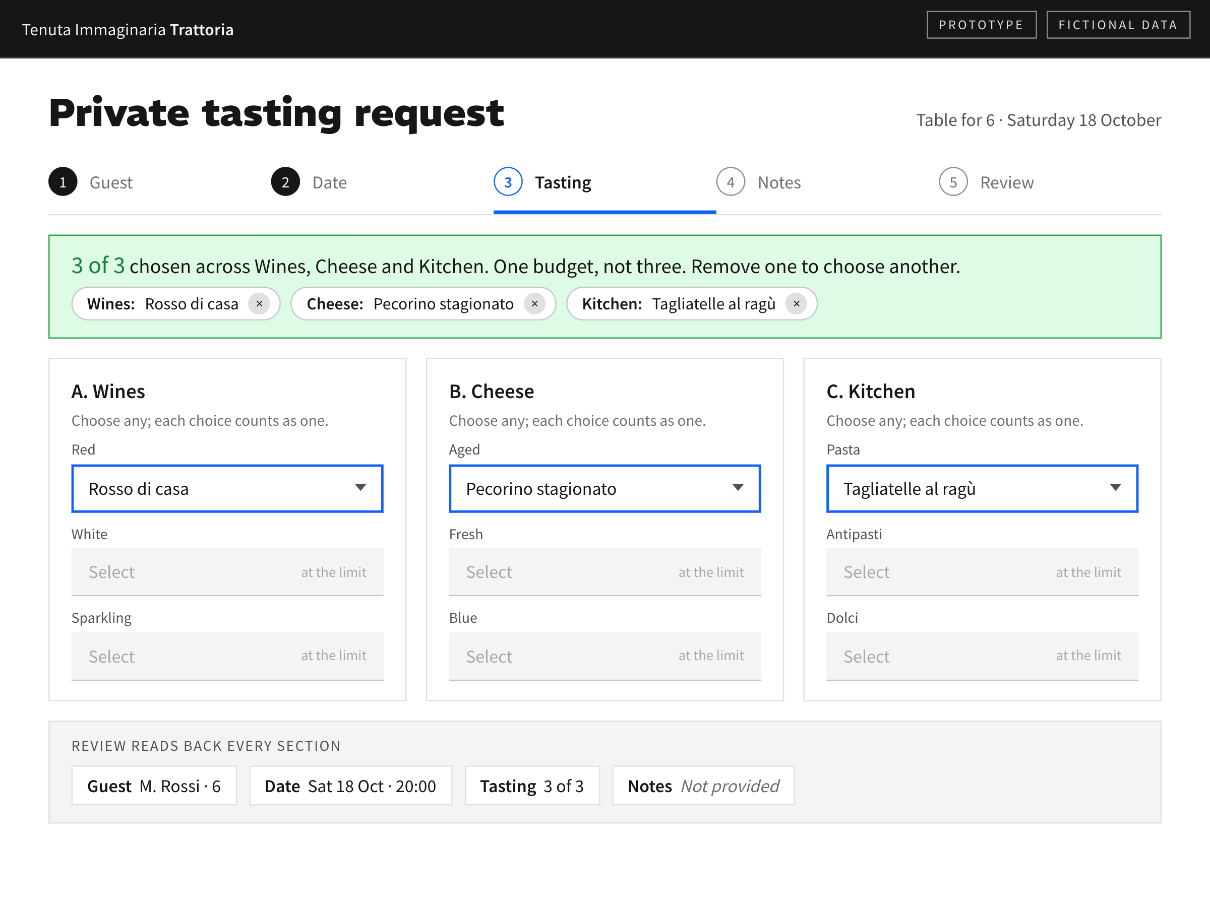 A composed screen in a fictional product: one limit of three shared across three sections, with a review strip reading back every section.