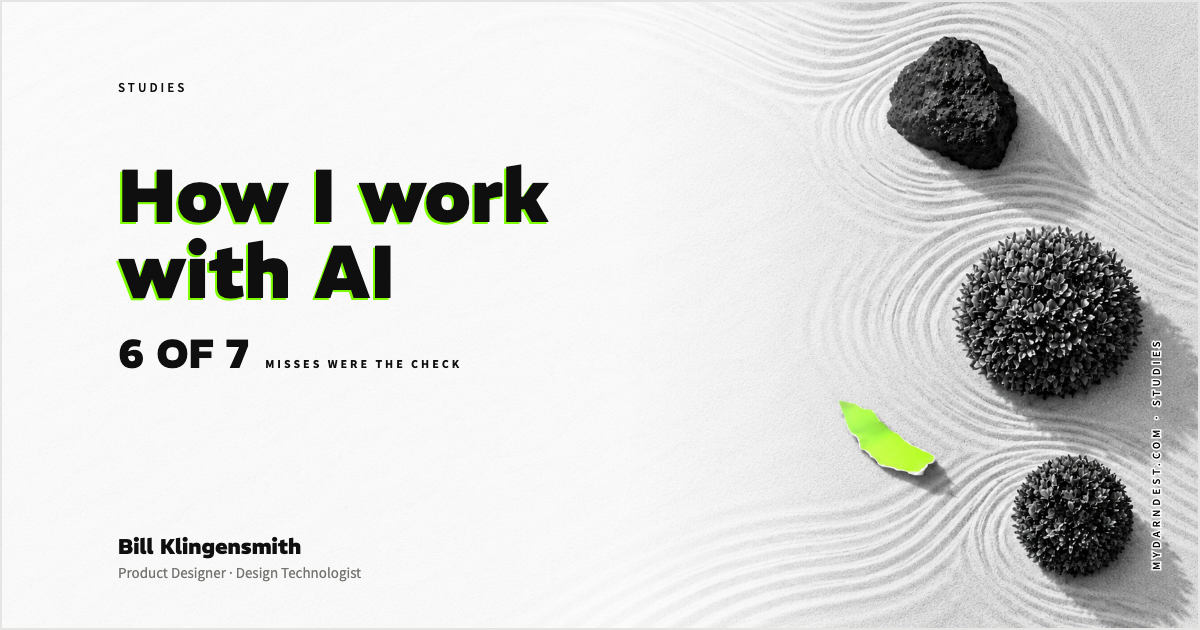 How I work with AI — black-and-white raked sand, one stone, two shrubs, and torn green paper.