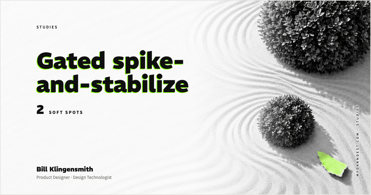 Gated spike-and-stabilize — two monochrome shrubs in fine raked sand with a small torn green paper fragment.